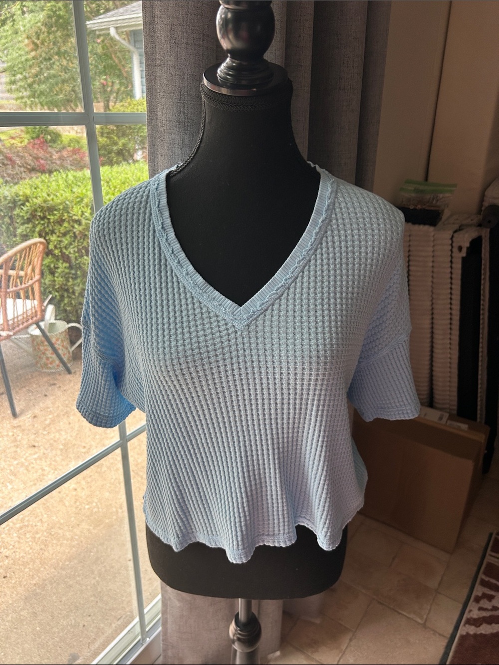 aerie Light Blue V-Neck Waffle Knit Crop Top
